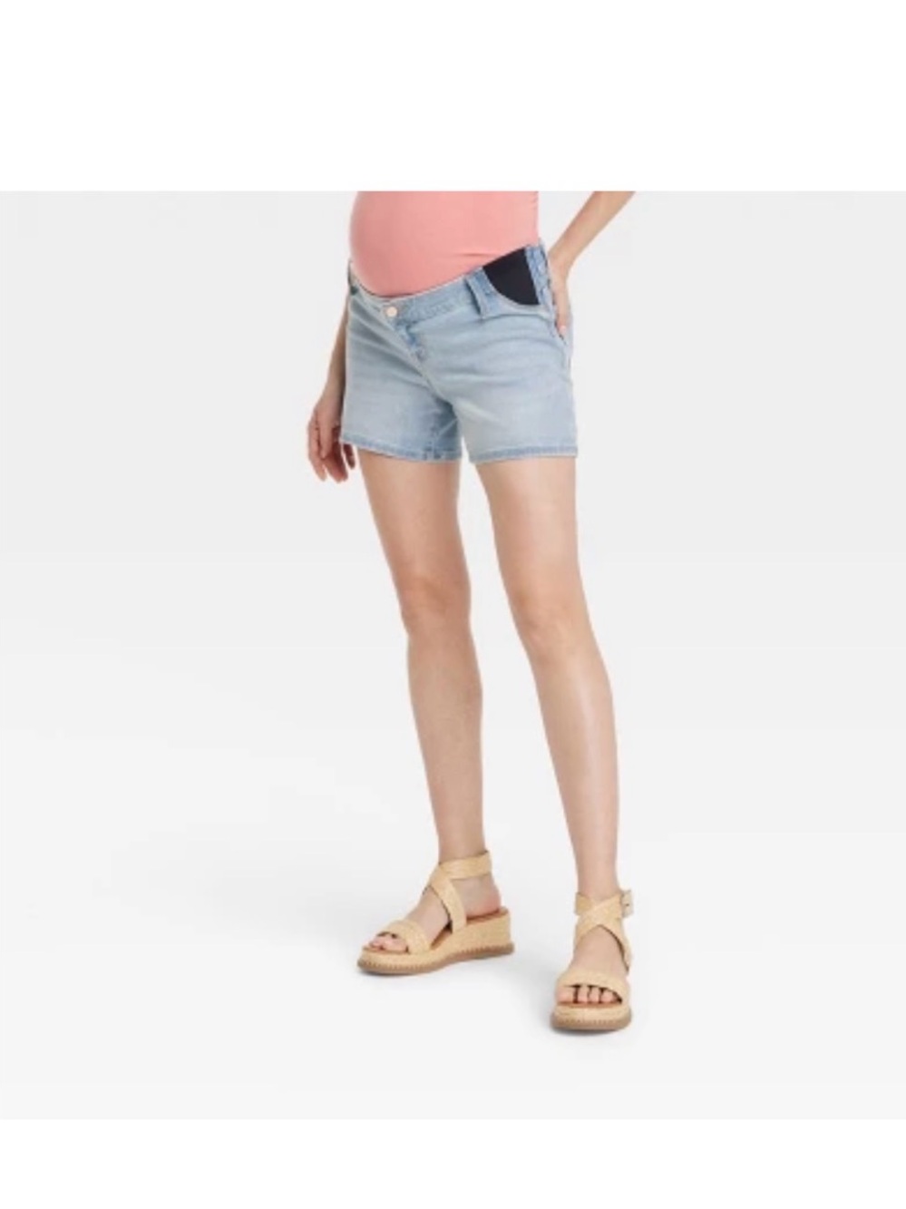 Light Wash Maternity Denim Shorts with Stretch Panels - Light Blue